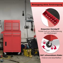 2 in 1 Workshop Trolley with Case & 8 Compartments & Hooks & Adjustable Shelf, Tool Trolley Lockable on Wheels without Tools