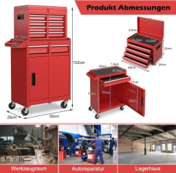 2 in 1 Workshop Trolley with Case & 8 Compartments & Hooks & Adjustable Shelf, Tool Trolley Lockable on Wheels without Tools