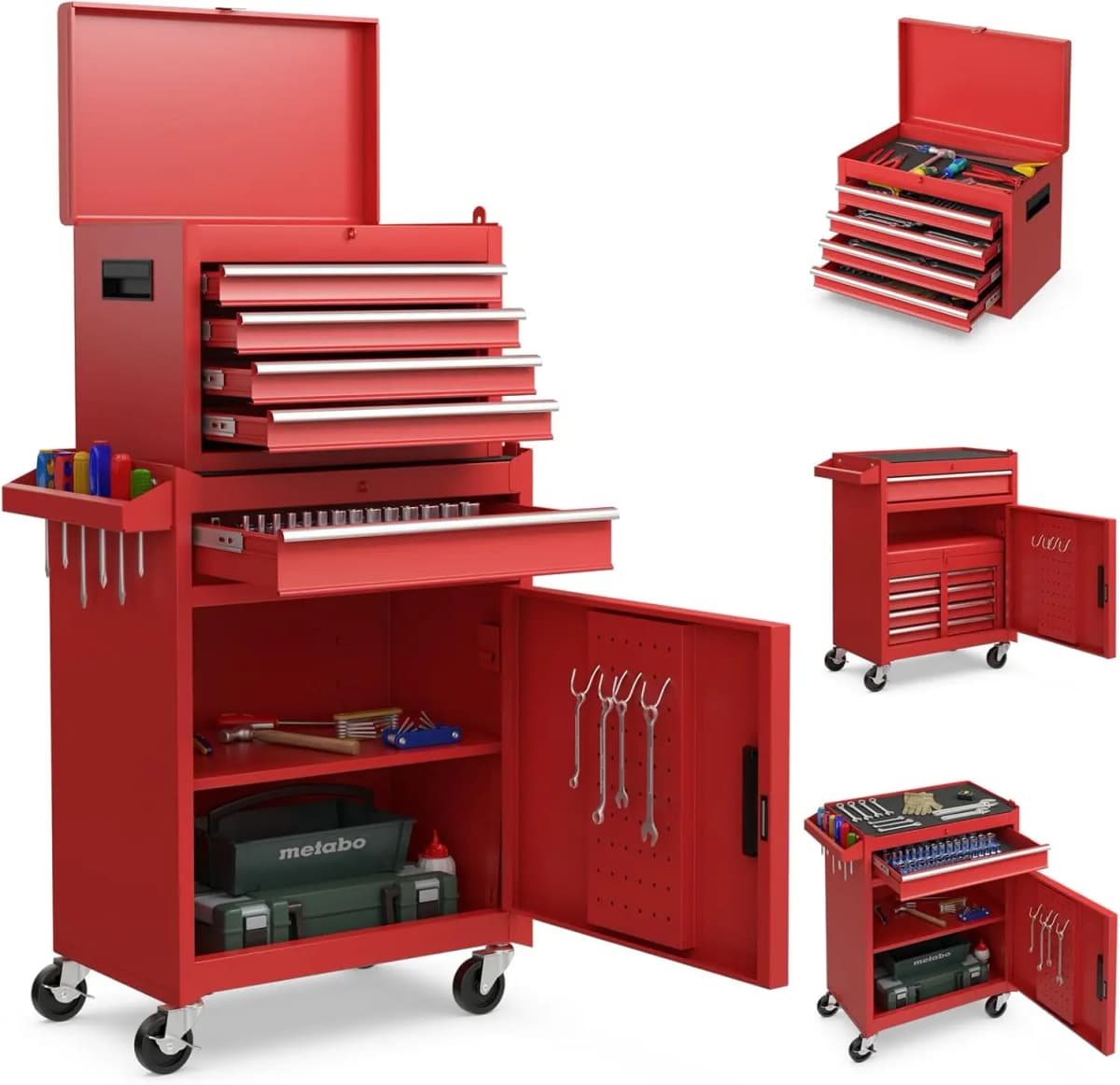 2 in 1 Workshop Trolley with Case & 8 Compartments & Hooks & Adjustable Shelf, Tool Trolley Lockable on Wheels without Tools