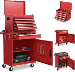 2 in 1 Workshop Trolley with Case & 8 Compartments & Hooks & Adjustable Shelf, Tool Trolley Lockable on Wheels without Tools