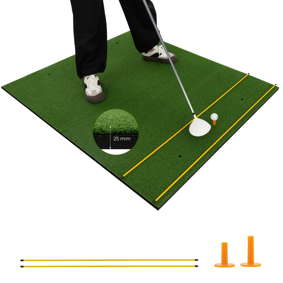 Golf Hitting Mat, 5 ft x 4 ft Artificial Turf Golf Practice Mat w/ 2 Golf Rubber Tees & 2 Alignment Sticks, Portable Golf