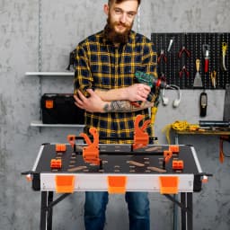 Folding Work Table, Workbench with 2 Quick Clamps, 4 Clamping Hooks, 3 Tool Boxes & Metal Frame