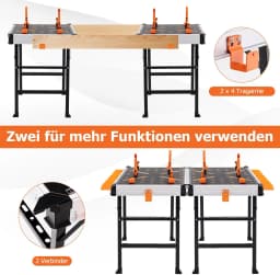 Folding Work Table, Workbench with 2 Quick Clamps, 4 Clamping Hooks, 3 Tool Boxes & Metal Frame