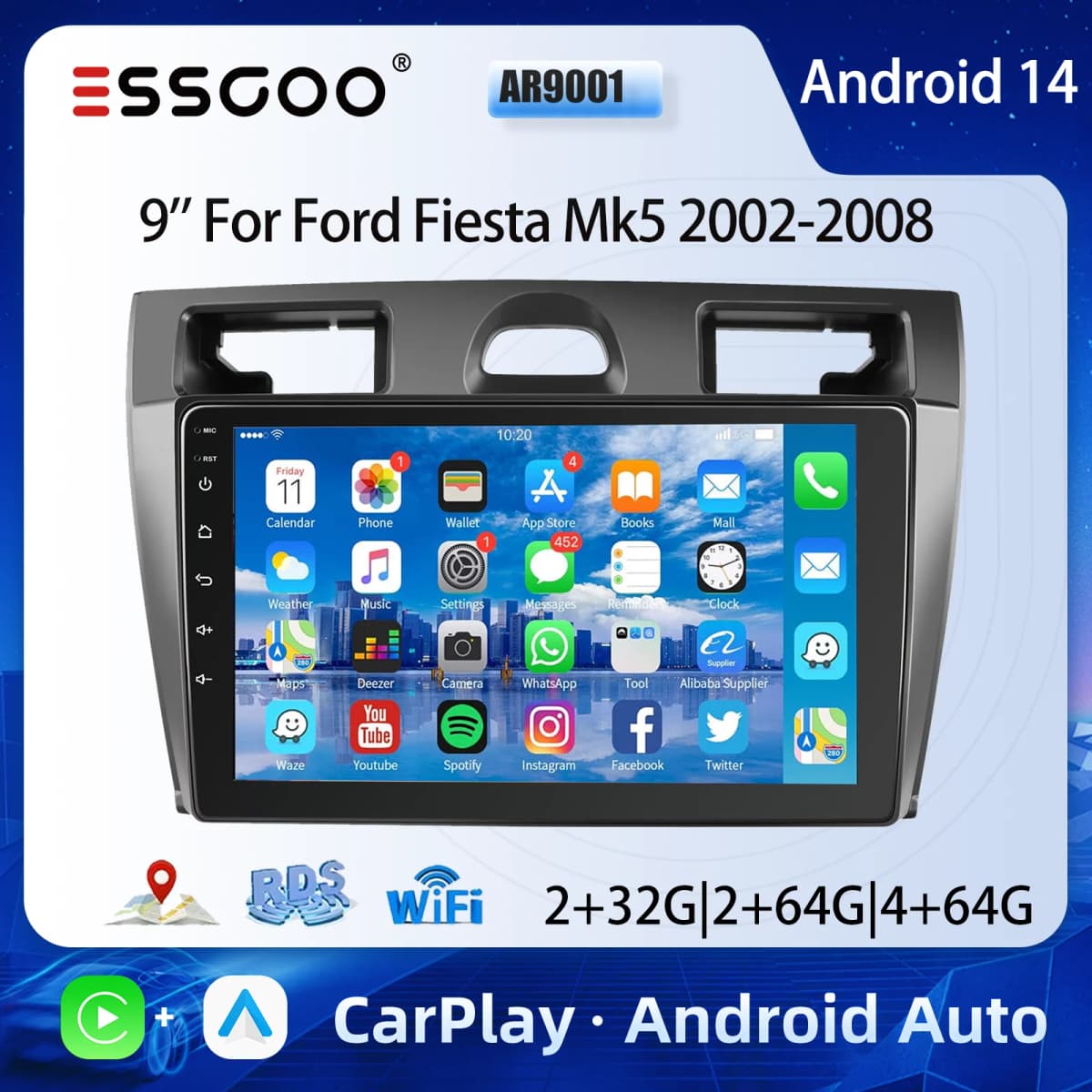 ESSGOO 9" For Ford Fiesta MK5 2002-08 Android 14 Car Stereo Radio Carplay Android Auto GPS Navigation BT FM WiFi RDS Mirror Link