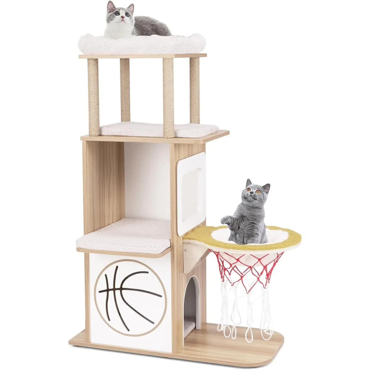 Cat tree, 120 cm high, with 5 levels and a sports-themed design 2 cat condos, perches, removable and washable cushions