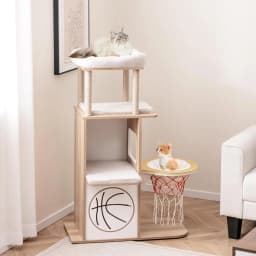 Cat tree, 120 cm high, with 5 levels and a sports-themed design 2 cat condos, perches, removable and washable cushions