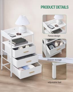 Bedside Table with LED Lights and Charging Station,Side Table with 3 Fabric Drawers and Shelves,with USB Ports,Sockets