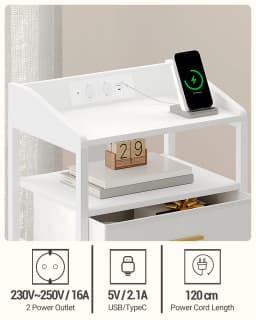 Bedside Table with LED Lights and Charging Station,Side Table with 3 Fabric Drawers and Shelves,with USB Ports,Sockets