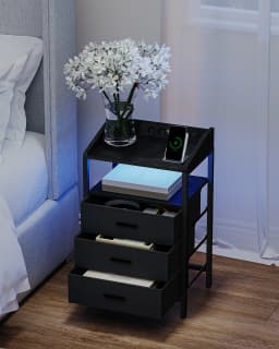 Bedside Table with LED Lights and Charging Station,Side Table with 3 Fabric Drawers and Shelves,with USB Ports,Sockets