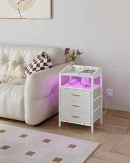 Bedside Table with LED Lights and Charging Station,Side Table with 3 Fabric Drawers and Shelves,with USB Ports,Sockets