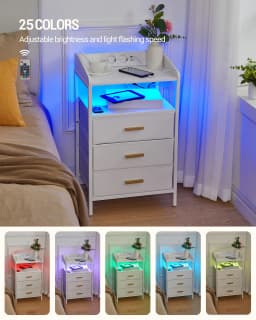 Bedside Table with LED Lights and Charging Station,Side Table with 3 Fabric Drawers and Shelves,with USB Ports,Sockets