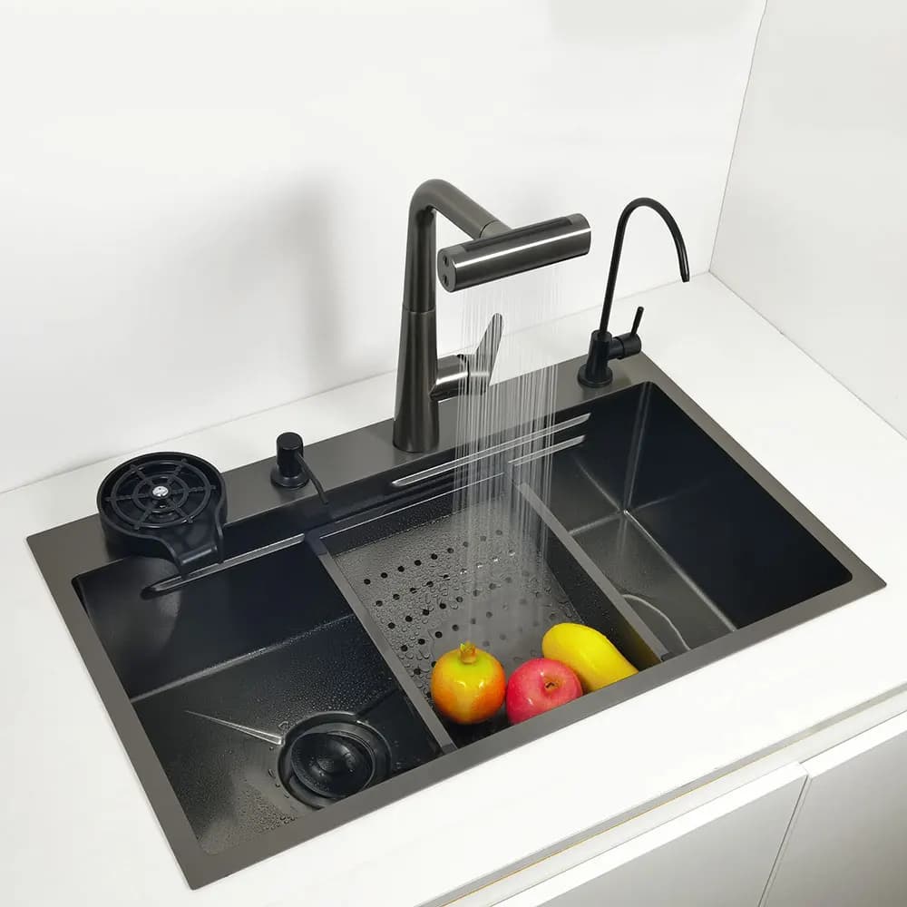 Honeycomb Kitchen Sink Anti-Scratch Nano Technology Left Drain Above Mount Washing Basin Stainless Steel Sinks Waterfall Faucet