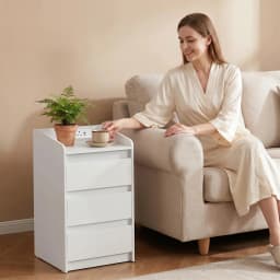 Bedside Table with 3 Drawers, Side Table with Charging Station and LED, 2 AC and 2 USB Ports for Bedroom, Living Room