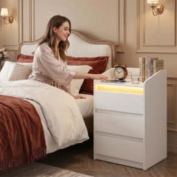 Bedside Table with 3 Drawers, Side Table with Charging Station and LED, 2 AC and 2 USB Ports for Bedroom, Living Room