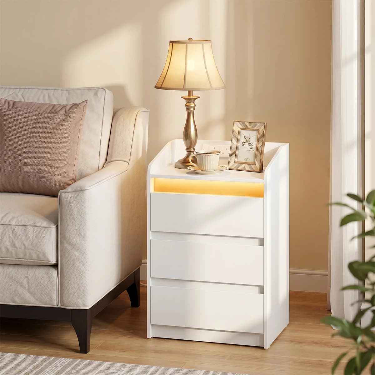 Bedside Table with 3 Drawers, Side Table with Charging Station and LED, 2 AC and 2 USB Ports for Bedroom, Living Room