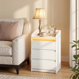 Bedside Table with 3 Drawers, Side Table with Charging Station and LED, 2 AC and 2 USB Ports for Bedroom, Living Room