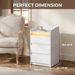 Bedside Table with 3 Drawers, Side Table with Charging Station and LED, 2 AC and 2 USB Ports for Bedroom, Living Room