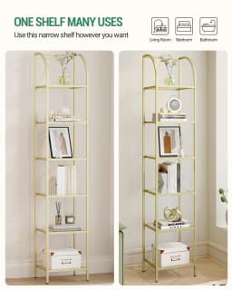 Bookshelf, 6-Tier Display Shelf, Exhibition Shelf, Tempered Glass, Standing Shelves, for Living Room, Bedroom, Gold