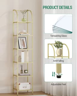 Bookshelf, 6-Tier Display Shelf, Exhibition Shelf, Tempered Glass, Standing Shelves, for Living Room, Bedroom, Gold