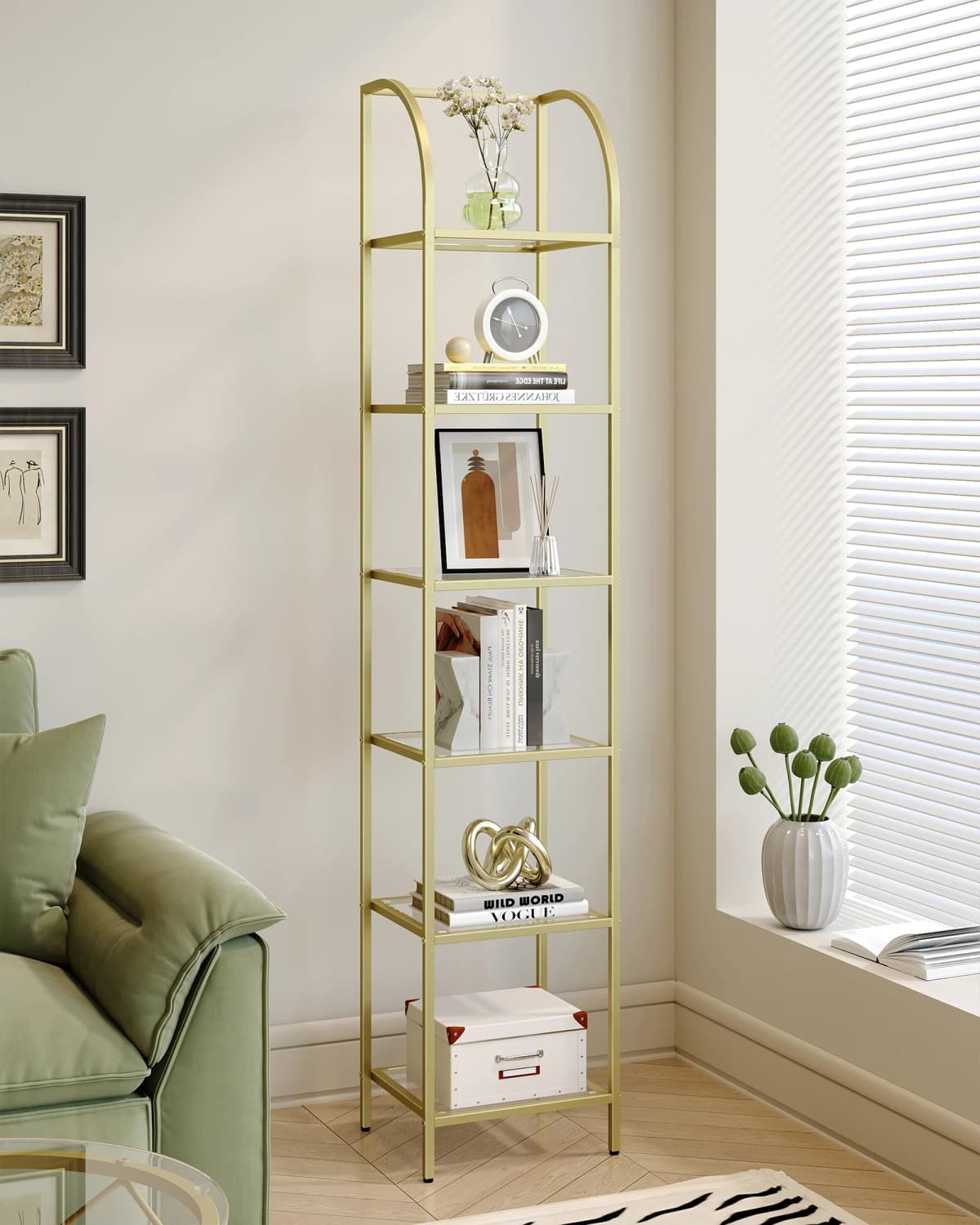Bookshelf, 6-Tier Display Shelf, Exhibition Shelf, Tempered Glass, Standing Shelves, for Living Room, Bedroom, Gold