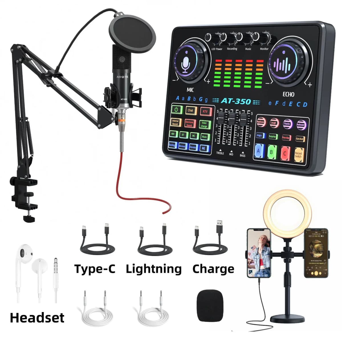 Condenser microphone kit with sound card/ringlight for live streaming/podcasting/singing/PC/mobile/TikTok/YouTube.