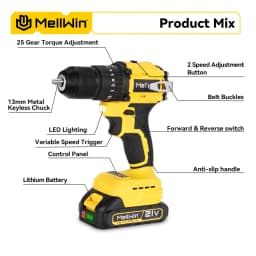 MELLWIN 13MM Brushless Electric Impact Drill 25+3 Torque Handheld Flat Drill Screwdriver Power Tools For Makita 18V Battery Pin