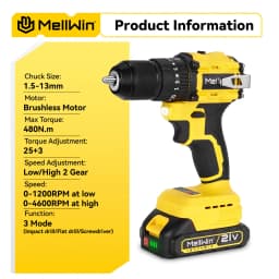 MELLWIN 13MM Brushless Electric Impact Drill 25+3 Torque Handheld Flat Drill Screwdriver Power Tools For Makita 18V Battery Pin