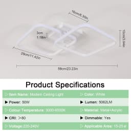 Dimmable Ceiling Light, Remote Controlled Ceiling Lamp 3000K-6500K , Modern LED Square Ceiling Light for Bedroom Living Room