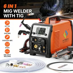 HITBOX HBMC270 Aluminium MIG Welder With Synergistic Control 6 in 1 Stick MMA ARC HF TIG CUT Gas/Gasless MIG Spot Welding for Aluminum Stainless Steel Cutter Large LED Display IGBT Inverter Great for Beginners