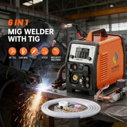 HITBOX HBMC270 Aluminium MIG Welder With Synergistic Control 6 in 1 Stick MMA ARC HF TIG CUT Gas/Gasless MIG Spot Welding for Aluminum Stainless Steel Cutter Large LED Display IGBT Inverter Great for Beginners
