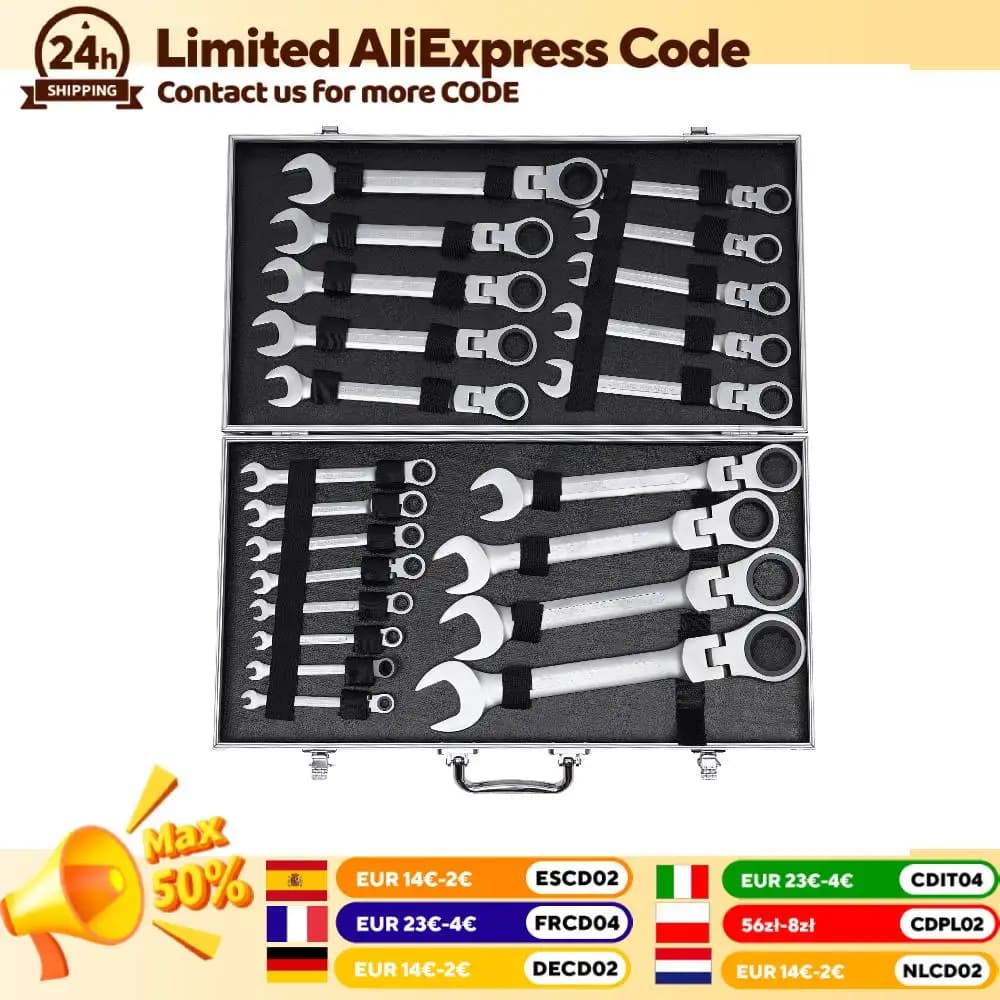 22-piece Movable Head Wrench Set Tighten Hexagonal Head Flex-Head Ratcheting Wrench Combination Wrench Set Repair Tools