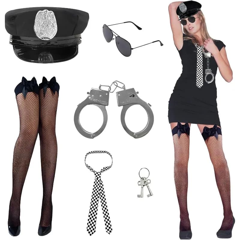 Kostym tillbehör polisdräkt med hattar, slipsar, solglasögon, handbojor, kappor, karneval cosplay polisdräkt