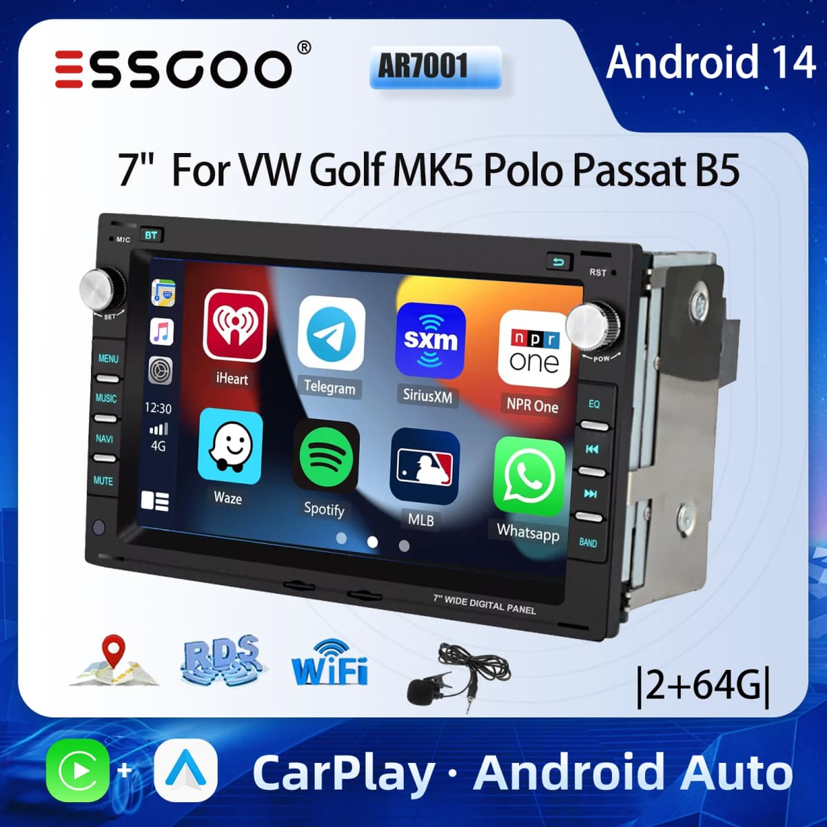 ESSGOO 7" Android 14 Car Stereo Radio For Golf Jetta MK4 Polo 6N Carplay Android Auto GPS Navigation BT FM RDS SWC Mirror Link