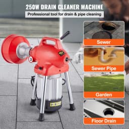 SucceBuy Drain Cleaner Machine 66FT 250W Electric Sewer Snake Auger Manual Feed Pipe Cleaner with 2 Sectional Steel Cables