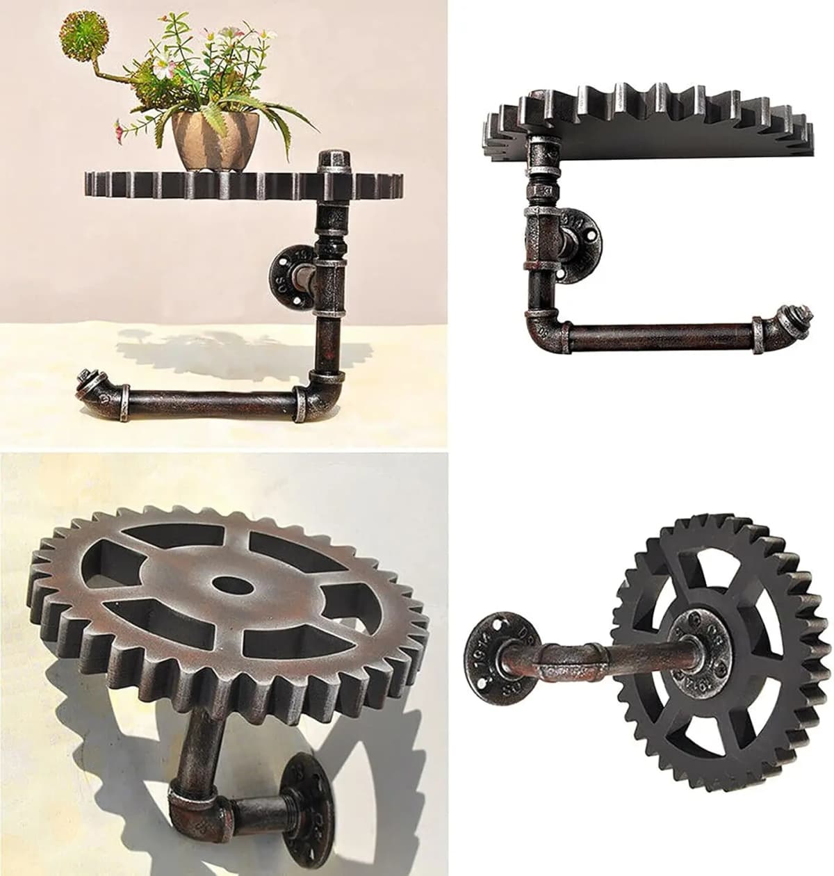 2Piece Floating Shelves Retro Industrial Iron Water Pipe Gear Design Wall Shelf Water Pipe Ledge Floating Shelf for Home Kitchen