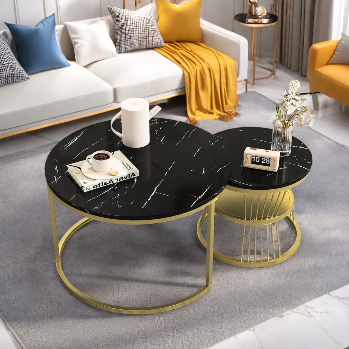 Rosahqnda Set of 2 Set tables Modern Round Couch tables with Storage, Sofa Side tables living room furniture
