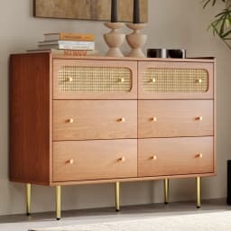 Rattan Sideboard Highboard Walnut Tree H90/B120/T40 cm Chest of Drawers with 6 Drawers Wooden Furniture for Bedroom Living Room