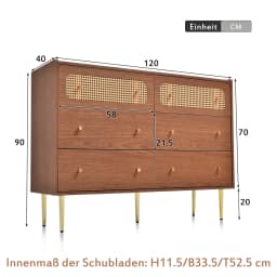 Rattan Sideboard Highboard Walnut Tree H90/B120/T40 cm Chest of Drawers with 6 Drawers Wooden Furniture for Bedroom Living Room