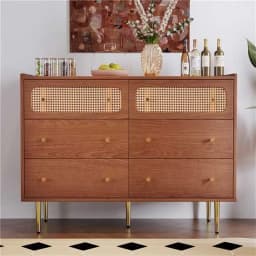Rattan Sideboard Highboard Walnut Tree H90/B120/T40 cm Chest of Drawers with 6 Drawers Wooden Furniture for Bedroom Living Room