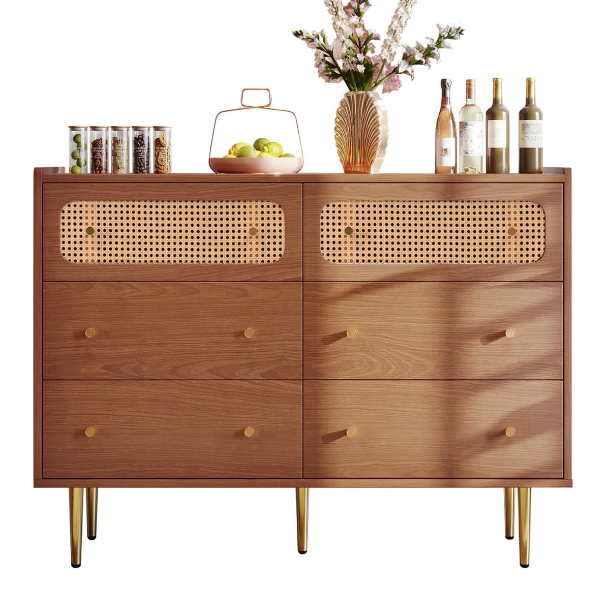 Rattan Sideboard Highboard Walnut Tree H90/B120/T40 cm Chest of Drawers with 6 Drawers Wooden Furniture for Bedroom Living Room