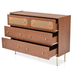 Rattan Sideboard Highboard Walnut Tree H90/B120/T40 cm Chest of Drawers with 6 Drawers Wooden Furniture for Bedroom Living Room