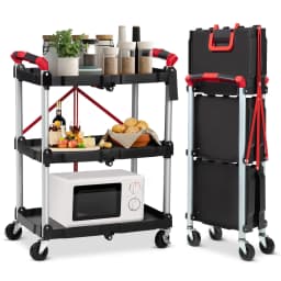 Portable Folding Service Cart with Wheels Tool Carts 3 Tier Rolling Utility Carts Collapsible Push Cart for Warehouse Garage