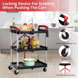 Portable Folding Service Cart with Wheels Tool Carts 3 Tier Rolling Utility Carts Collapsible Push Cart for Warehouse Garage