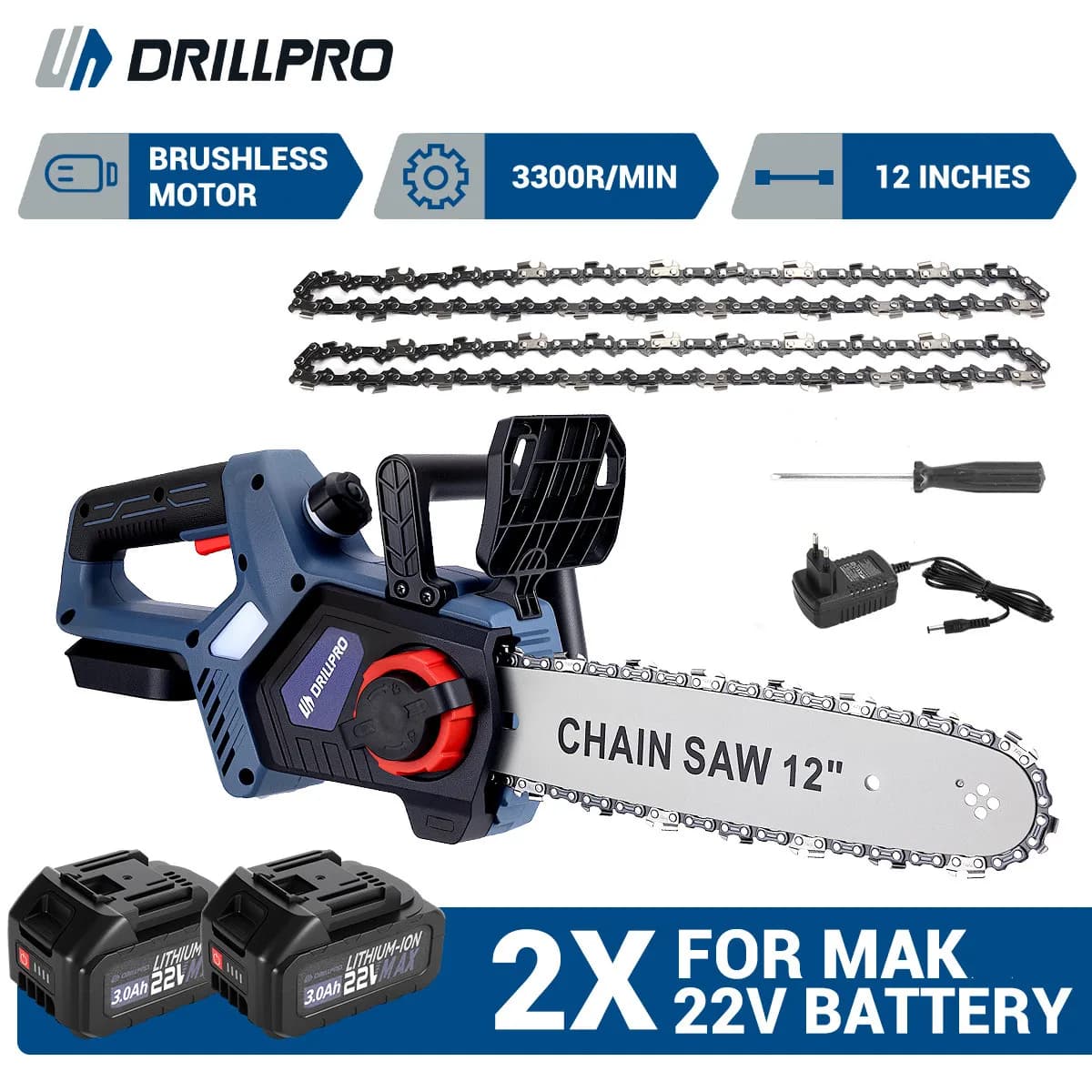 Drillpro 12 Inch Cordless Brushless Motor Electric Chainsaw with 1500mAh Lithium Battery EU Plug for Mak Batteries for Garden