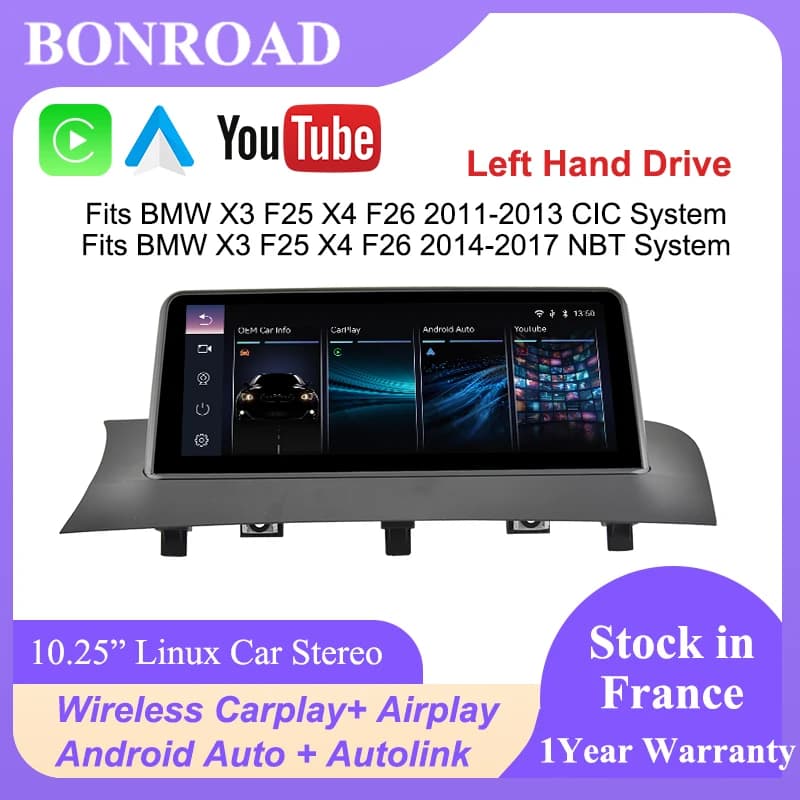 Linux multimedia touch screen without thread CarPlay Bonroad 10,25 inches for BMW X3 F25 X4 F26 2011-2017 CIC NBT Android Auto Mirror Link