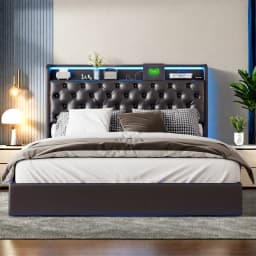 Anajqaqia 160×200cm Hydraulic Bed with LED Light Strip and USB Charging Port, Upholstered Double Bed, with Storage Headboard
