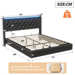 Anajqaqia 160×200cm Hydraulic Bed with LED Light Strip and USB Charging Port, Upholstered Double Bed, with Storage Headboard