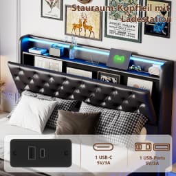Anajqaqia 160×200cm Hydraulic Bed with LED Light Strip and USB Charging Port, Upholstered Double Bed, with Storage Headboard