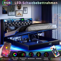 Anajqaqia 160×200cm Hydraulic Bed with LED Light Strip and USB Charging Port, Upholstered Double Bed, with Storage Headboard