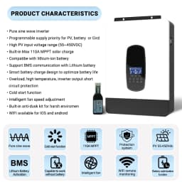 4KW 24V 100A Hybrid Solar Inverter 230VAC Off Grid Pure Sine Wave 500VDC 50/60Hz Solar Controller With WIFI Built-in BMS 